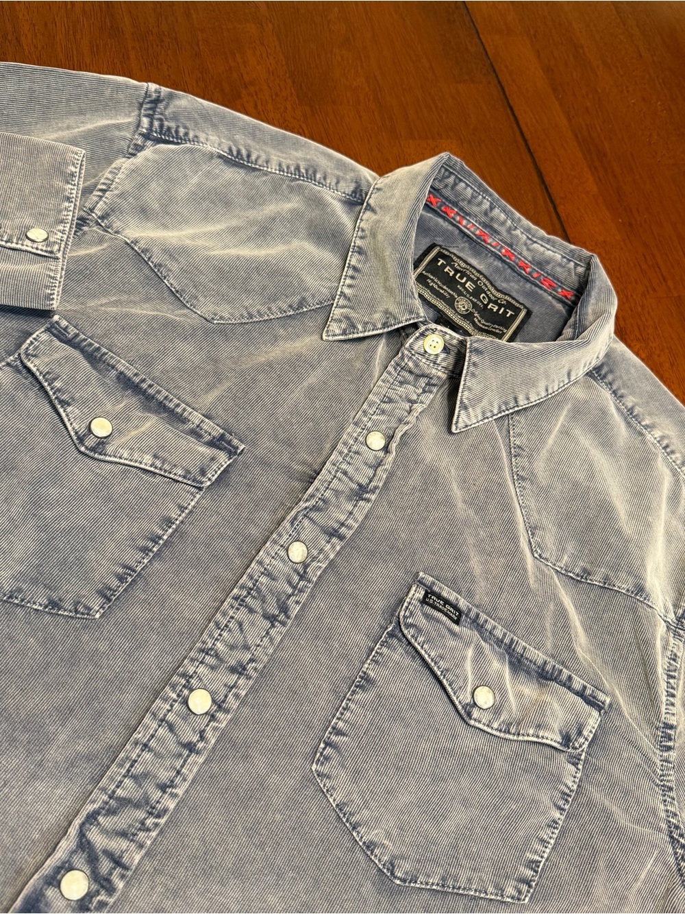 True Grit Pearl Snap Corduroy Shirt Mens Large Blue Western Rodeo Long Sleeve
